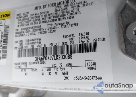2020 Ford Fusion Titanium from USA, damaged, VIN 3FA6P0K97LR203088